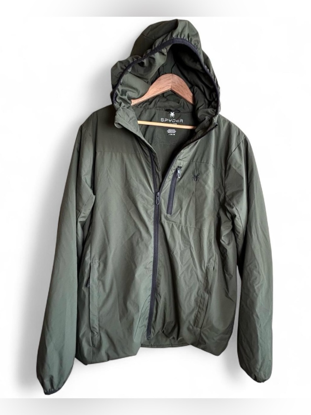 Spyder Men's Hooded Jacket Olive Size M Lite Water Resistant Performance Hiking